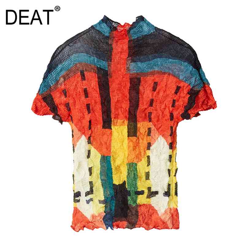 

DEAT Pleated Womens T-shirt Pullover Short Sleeve Hit Color Pattern Stand Slim Heavy Industry Fold Summer Fashion HT427 210708, Color 22