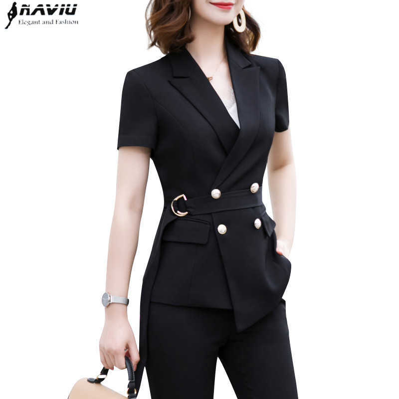 

Fashion Women Pants Suit With Belt Summer Short Sleeve Blazer and Trousers Office Ladies Business Work Wear 210604, Red coat and pants
