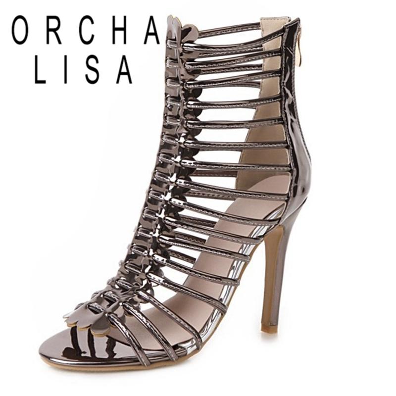 

Gladiator Summer Sandals With Heels Peep Toe 11cm Thin High Zipper Cut-Out Big Size 33-48 Novelty Party C1828, Black