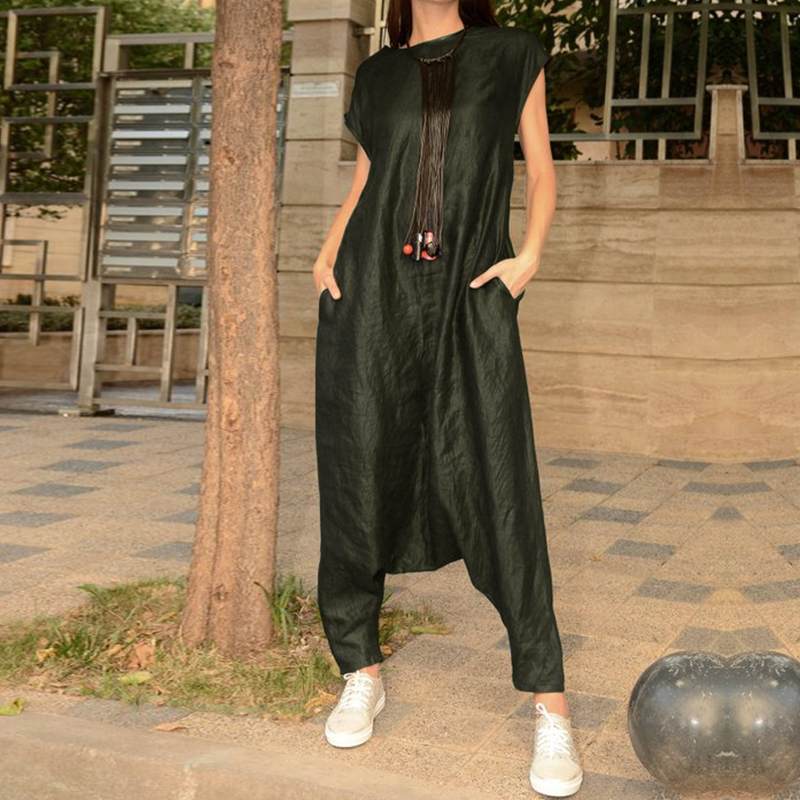 

2021 ZANZEA Summer Overalls Womens Drop Crotch Jumpsuits Female Short Sleeve Rompers Combinaison Femme Cargo Pants Palazzo 5XL, Black