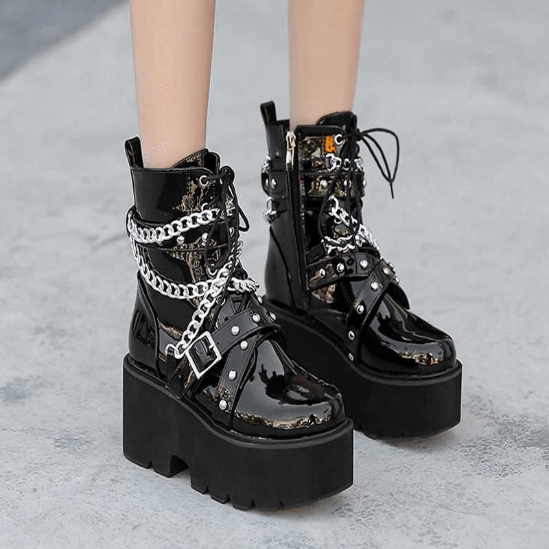 

demonias shoes Women Boots Square Heel demonia boots platform shoes goth Band Thigh High Shoes Black Spring winter boots Y0905