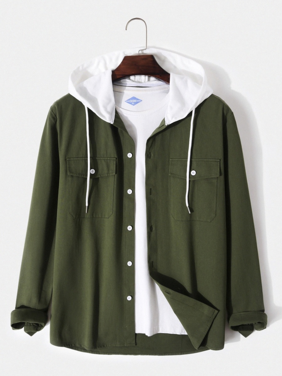 

Men 1pc Solid Flap Pocket Hooded Coat Q5dM#, Army green