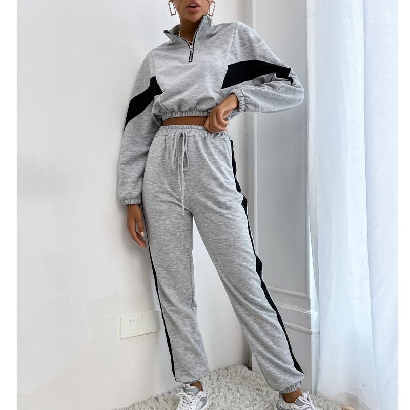 

Women' Two Piece Pants 2021 Winter Women Sport Jogging Sets Female Cropped Sweatshirts And Lace-up Joggers Trousers Two-pieces Casual Track, Gray