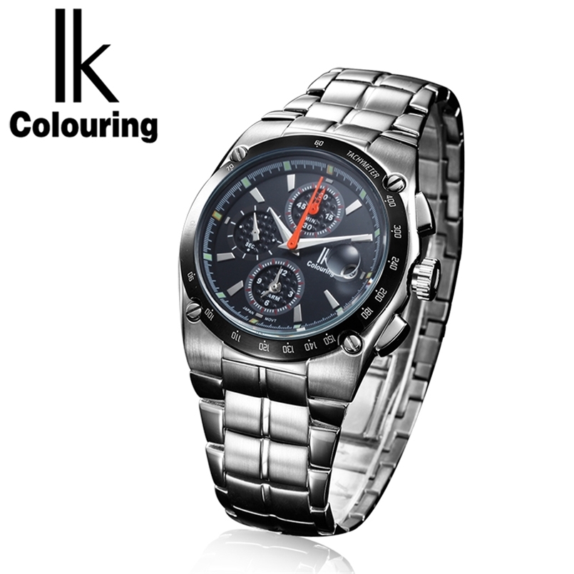 

IK colouring Mens Watches Top Brand Luxury Fashion Business Quartz Watch Men's Full Steel Waterproof Auto Date Sport Wrist watch 210707, Black