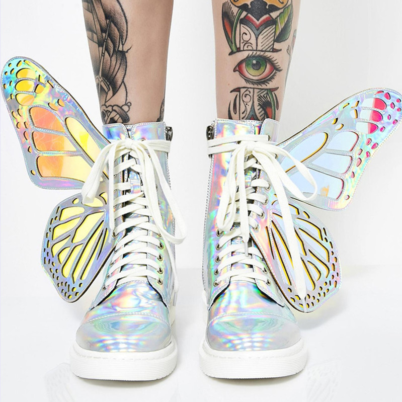 

Women Shine Silver Short Boots with Butterfly Wings Fashion Flat Booties Shoes New Ladies Dress Ankle Boots Botine Mujer, Black