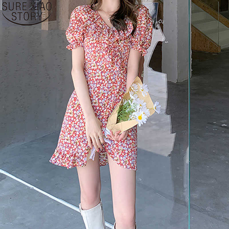 

Summer Party Dress Women Sexy V-neck Mini Dress Vestidos Print Floral Female Robes Puff Sleeve Vestidos Chic Clothes 14692 210527, Red