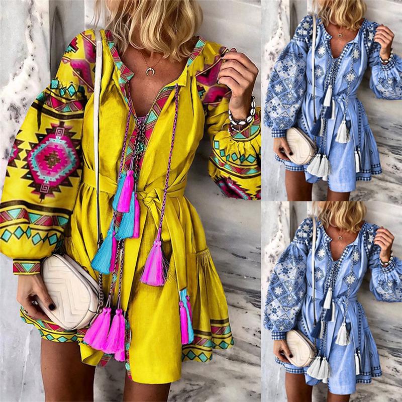 

Tassel Sashes Mini Dresses Women Summer Autumn Sexy V-Neck Boho Dress Bohemian Floral Printed Beach Vestidos, Blue