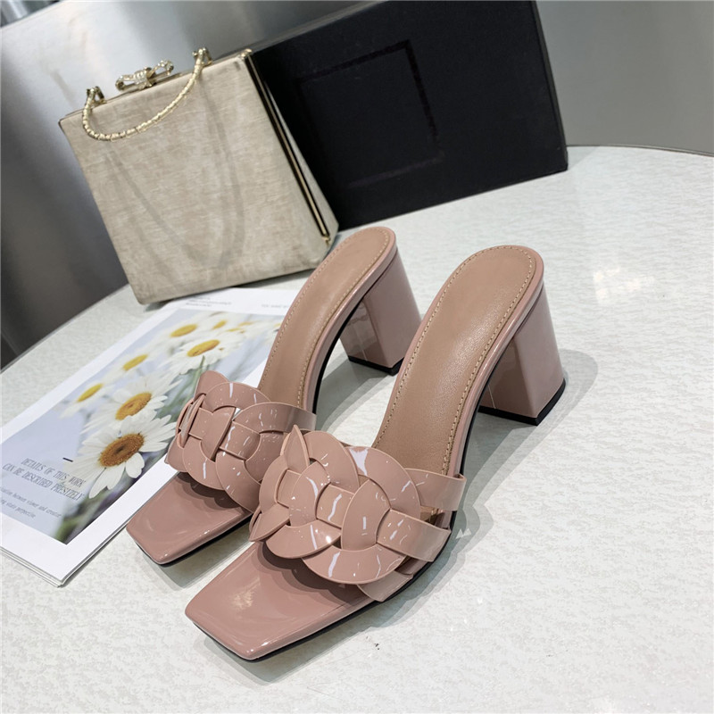 

Women Stylist Sandals Thick High Heels Square Toe Slippers Summer Leather Slides Weave Slipper Rubber Flat Sandal Size 35-41, Color 14