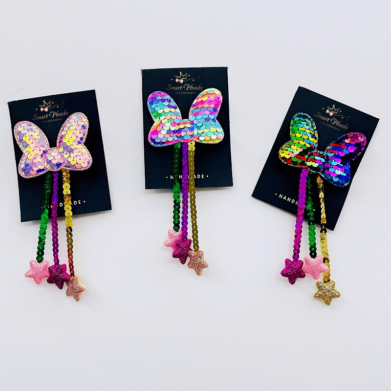 

Wholesale Boutique 15pcs Fashion Glitter Star Bow Hairpins Sequin Gradient Rainbow Color Tassels Bowknot Hair Clips Princess Headwear