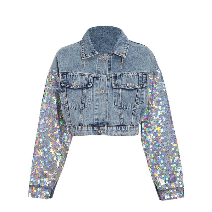

2021 Denim Jacket For Women Coat Lapel Long Sleeve Patchwork Sequin Short Jeans Jackets Outerwear Female Fashionable Clothing w109, Blue