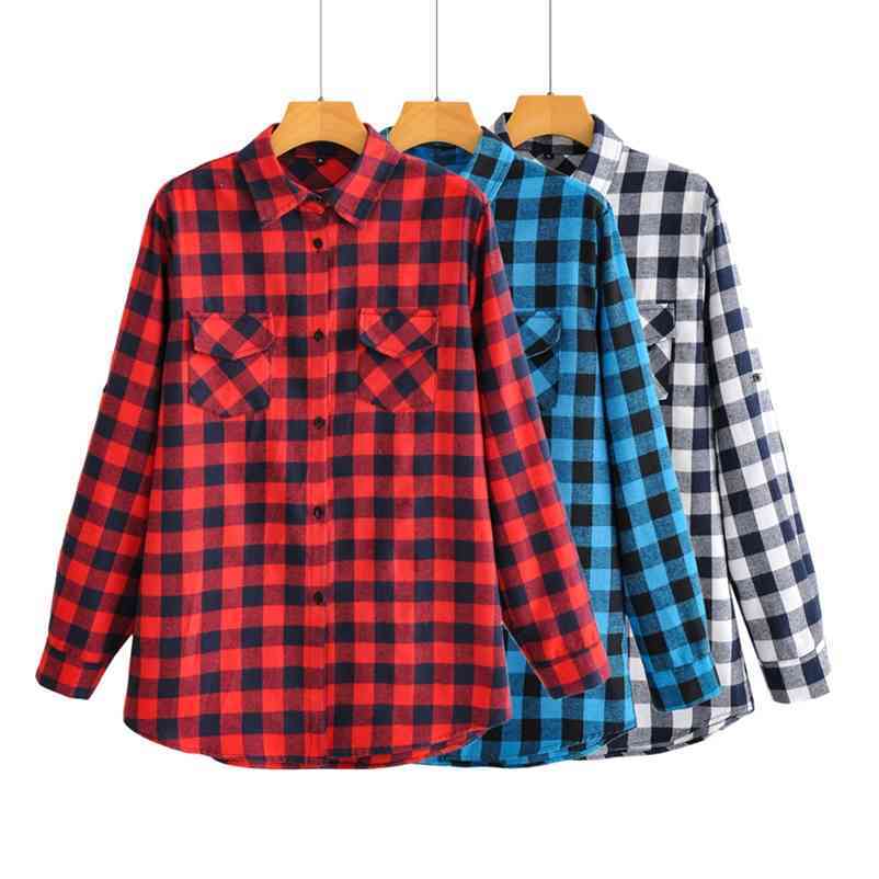 

Vintage Plaid Shirts Women oversized shirts Female Blouse Tops plus size clothing Long Sleeve Button 210524, Black