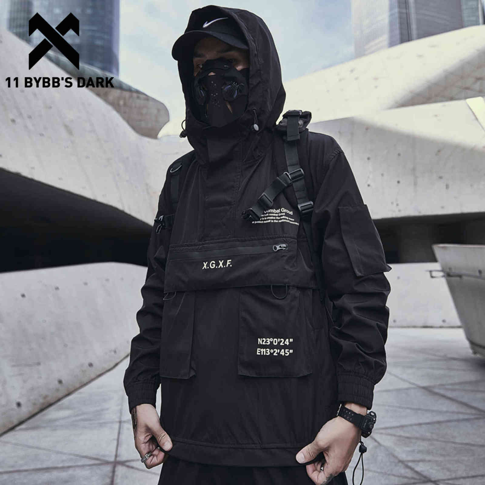

11 BYBB'S DARK Dark Cargo Jackets Coats Streetwear Tactical Function Pullover Harajuku Multi-pocket Hoody Windbreaker Coats 211110, Black