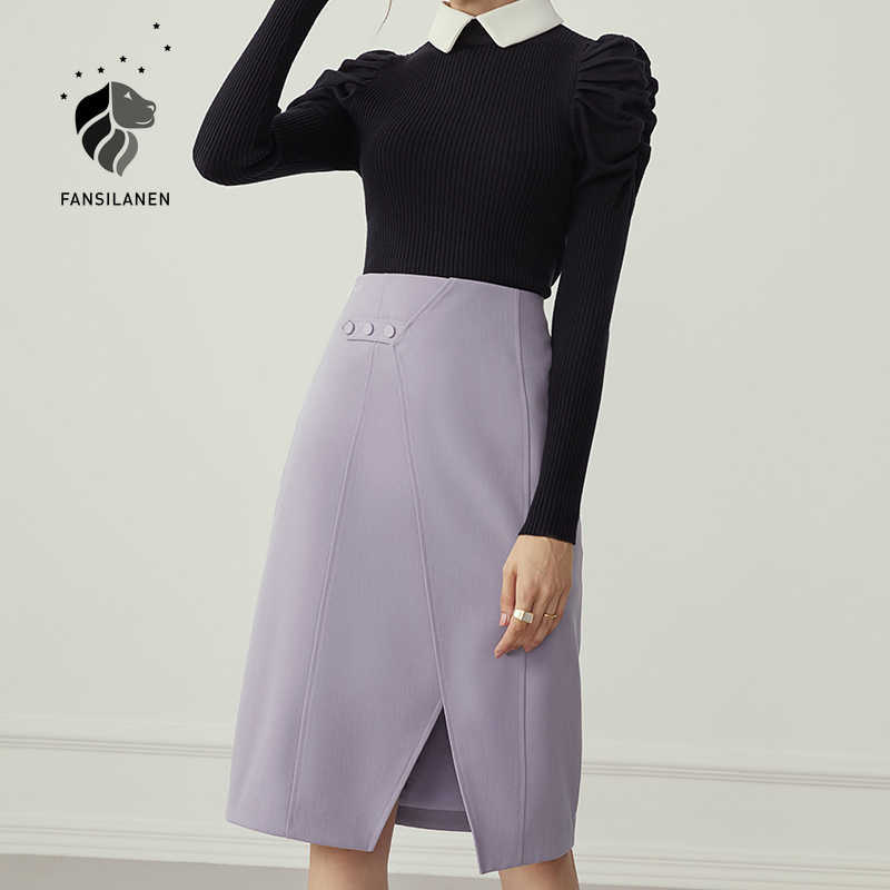 

FANSILANEN Office lady elegant split high waist skirt Women autumn winter purpel a-line Female casual slim midi 210607