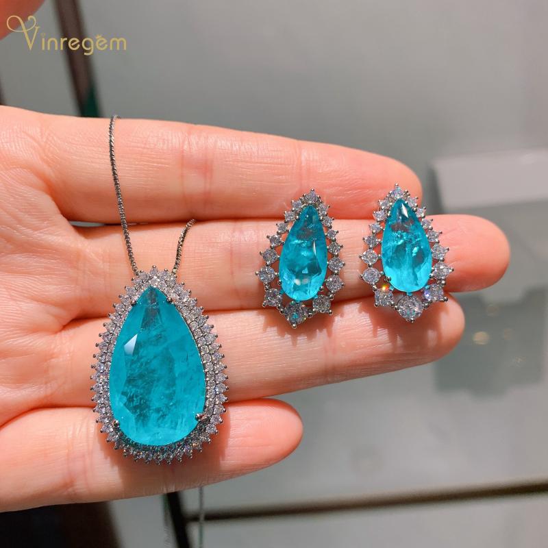 

Bracelet, Earrings & Necklace Vinregem 925 Sterling Silver Pear Cut Paraiba Tourmaline Created Moissanite Earrings/Pendant/Necklace Jewelry, Black