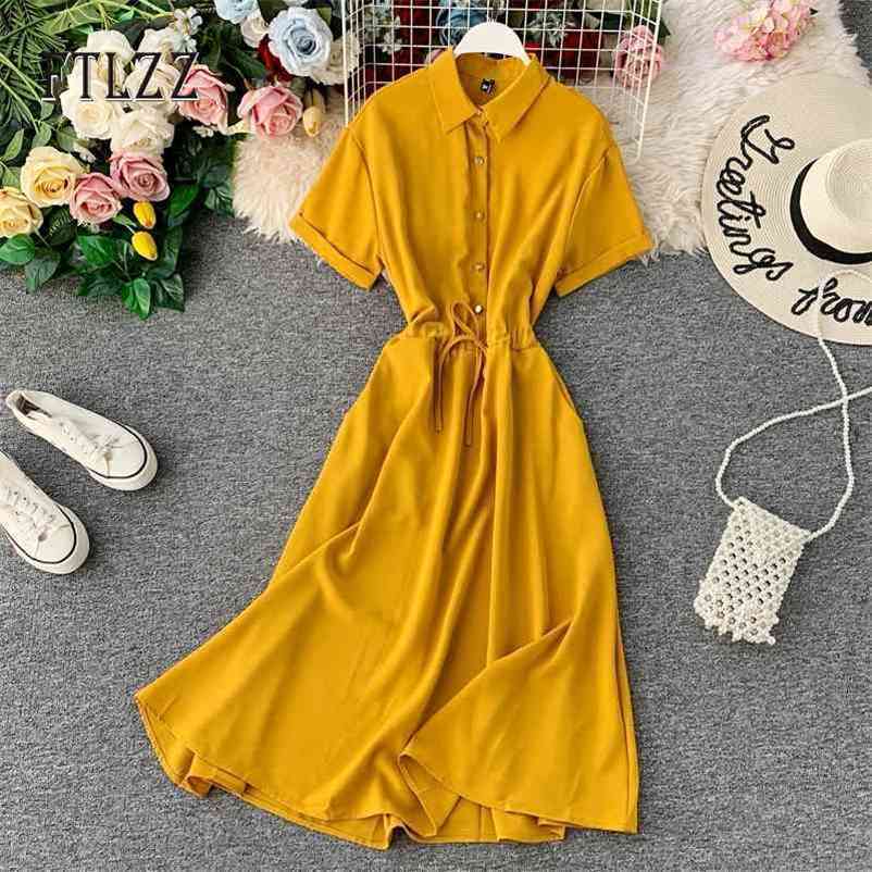 

Summer Vintage Dress Fashion Women Slim Short Sleeve Single Breasted A-line Casual Vestidos Mujer Female Robe 210602