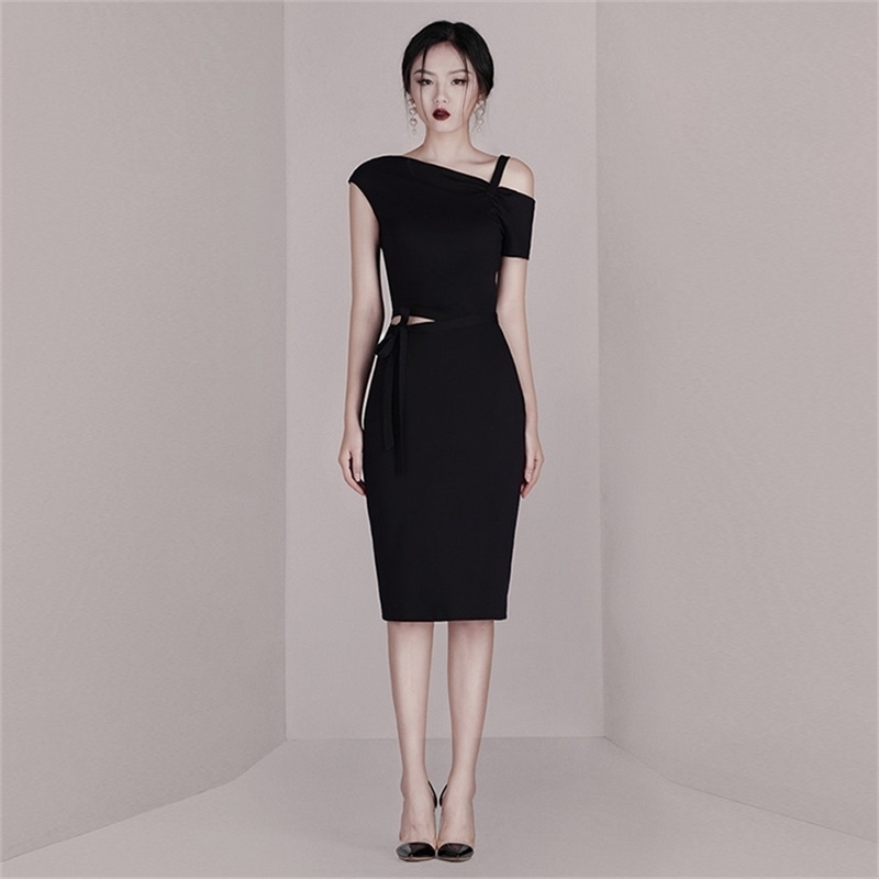 

fashion elegant ladies one-shoulder off straps black dress women summer lace-up slim office OL vestidos ropa mujer 210603, Picture color
