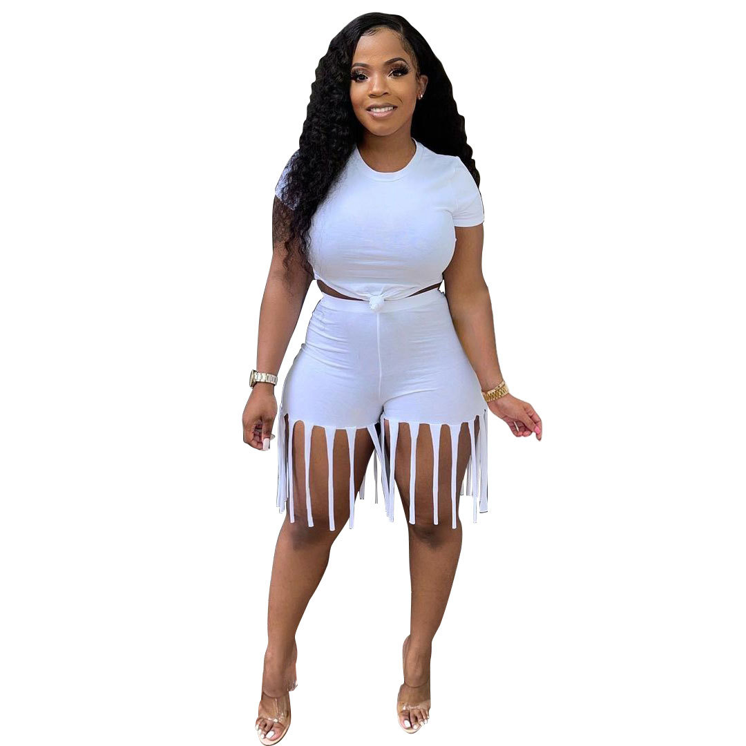

Summer Two Pieces Taasels Shorts Outfits 2021 Women Fashion T Shirt Short Sleeves O Neck Sports Casual Party Outfits, Gray