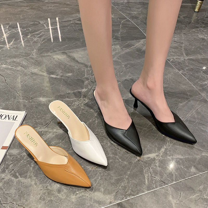 

luxury slippers high heeled fitting sandal's summer wear 2021 fashion versatile pointed thin heel baotou muller semi slippers, Black