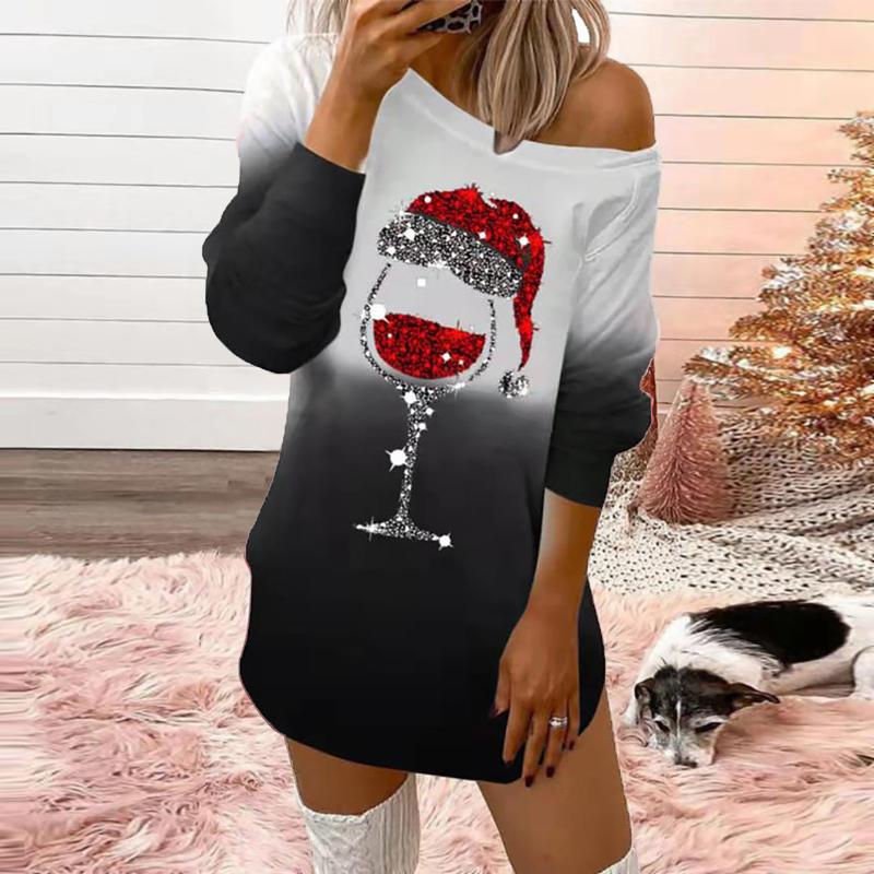 

Casual Dresses Women' Fashion Autumn Winter Diagonal Collar Long Sleeve Top Wine Glass Gradient Print Christmas Sweatshirt Dress, Black