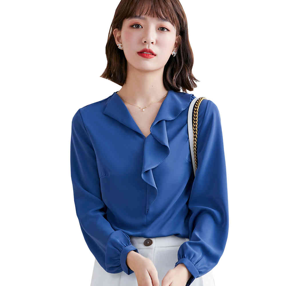 

Women's Blouses & Shirts Elegant Blue White Apricot V-Neck Office Ladies Ruffle Women Long Sleeve Spring Business Work Wear Formal Shirt Top, Blue blouse