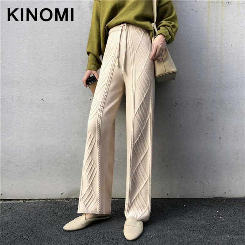 

Women's Pants & Capris KINOMI Winter Thicken Warm Knitted Wide-legged High Waist Twist Texture Loose Korean Style Casual Long Trouser Lady, Black