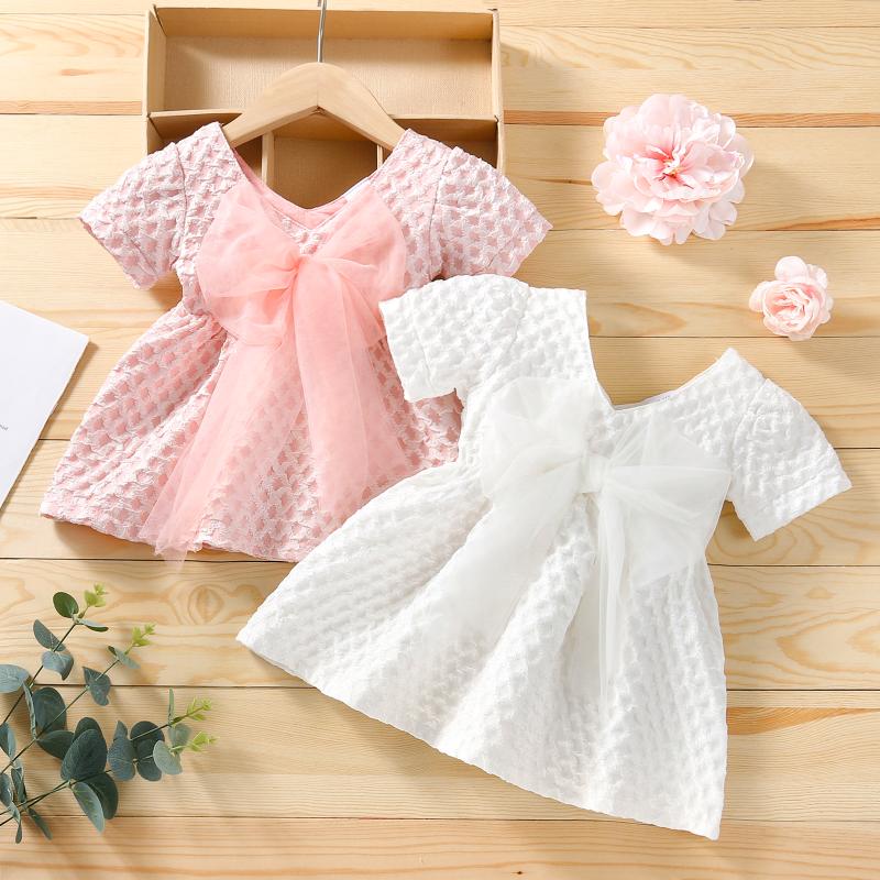 

Girl's Dresses Infant Baby Girls Short Sleeve Dress, V-Neck Mesh Bowknot Decoration Plaid Surface A-Line Dress, Red;yellow