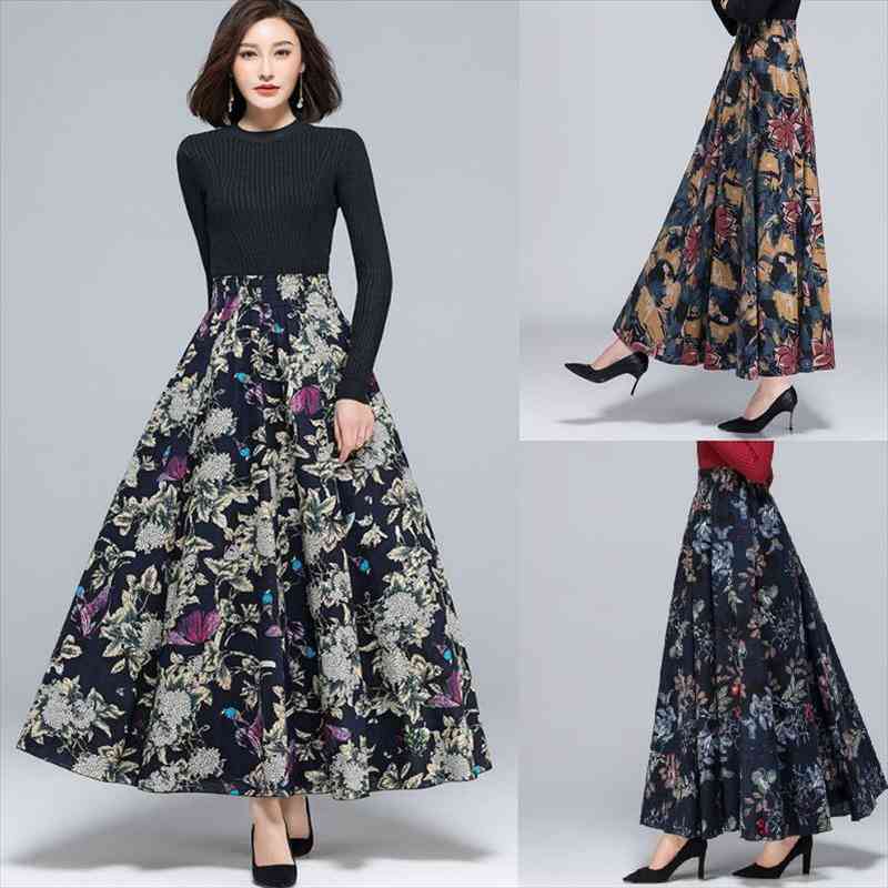 

Summer Skirt Long Skirt Female High Waist Retro Floral Long Plus Size Skirthigh Waist Big Place Retro Broken Flowers, Black
