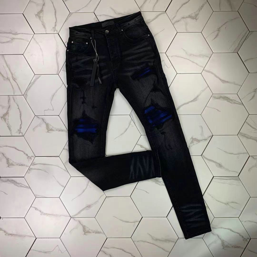 

HM561-1 High quality Mens jeans Distressed Motorcycle biker jean Rock Skinny Slim Ripped hole stripe Fashionable snake embroidery Denim pants, Black