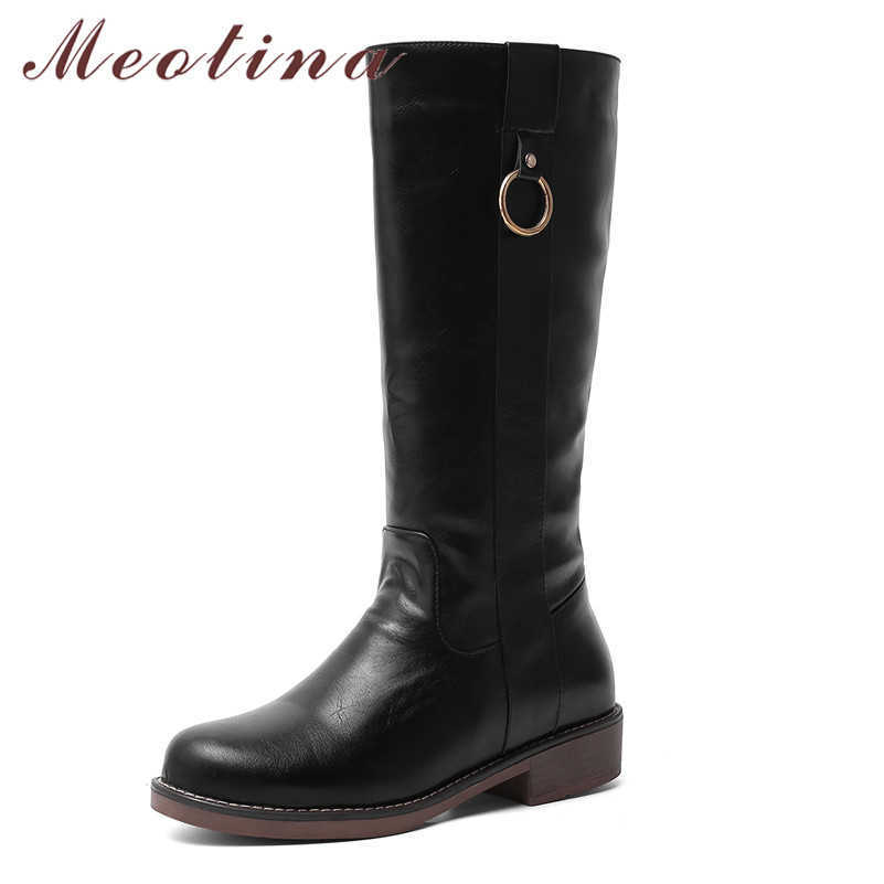 

Meotina Mid-Calf Boots Women Shoes Metal Decoration Chunky Heels Boots Lady Mid Heel Female Footwear Winter Black Coffee Size 43 210608