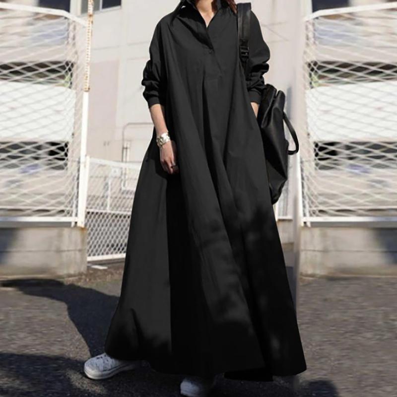 

Casual Dresses A-Line Midi Dress 2021 Womens Vintage Solid Color Cotton Shirt Long Sleeve Pocket Button Neck Ankle, Green