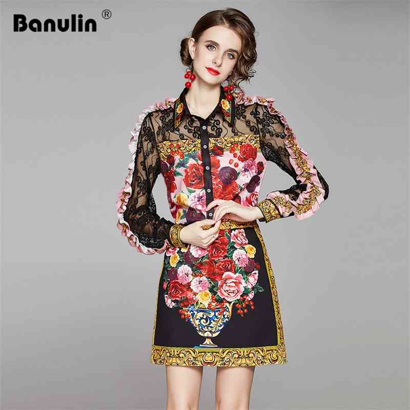 

Fashion Runway Summer Skirt Suit Women's Ruffles Long Sleeve Lace Splice Shirt And Red Rose Printed Two Pieces Lady Set 210603, Black