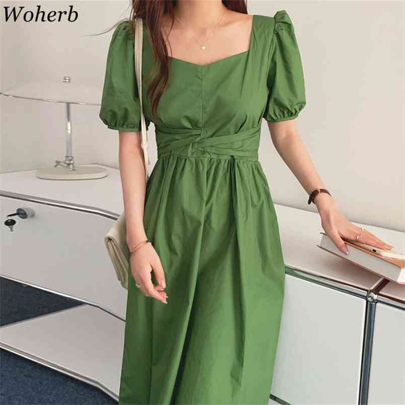 

Women Summer Vintage Square Collar Puff Sleeve Party Dress Ladies Elegant Casual Long Dresses Vestidos 210519, Green