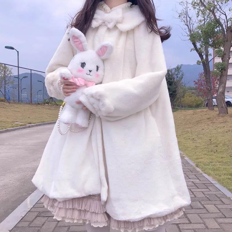 

Women's Fur & Faux Japanese Lolita Coat Women 2021 Winter Kawaii Furry Cute Padded Warm Fake Soft Sister Plush Shawl Over, Black