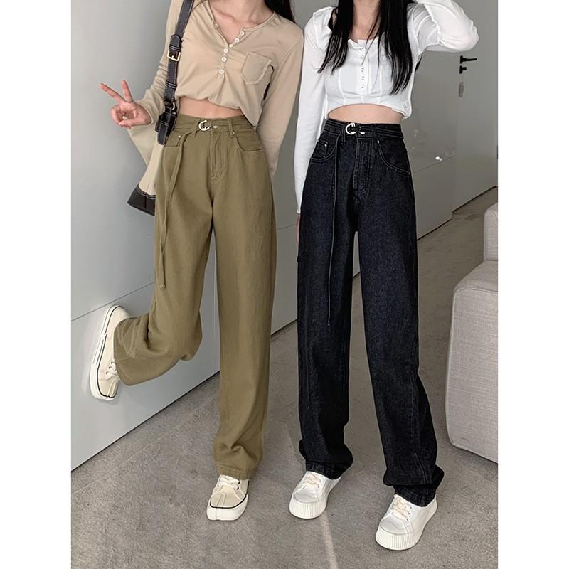 

Women's Jeans 2021 Arrival Autumn Women All-matched Cotton Denim Ankle-length Pants Button Waist Casual Loose Wide Leg V40, Blue