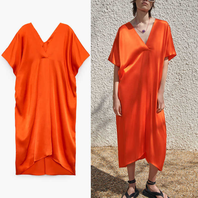 

Za Summer Tunic Long Dress Women Short Wide Sleeve Ruching Satin Dresses Woman Fashion Pleated Asymmetric Hem Loose Dress 210602, Orange
