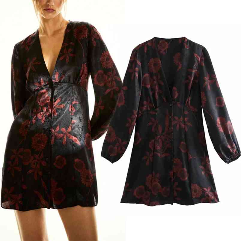 

Jacquard Mini Black Dress Women Vintage V Neck Long Puff Sleeve Short es Woman Button Up Retro Gothic 210519