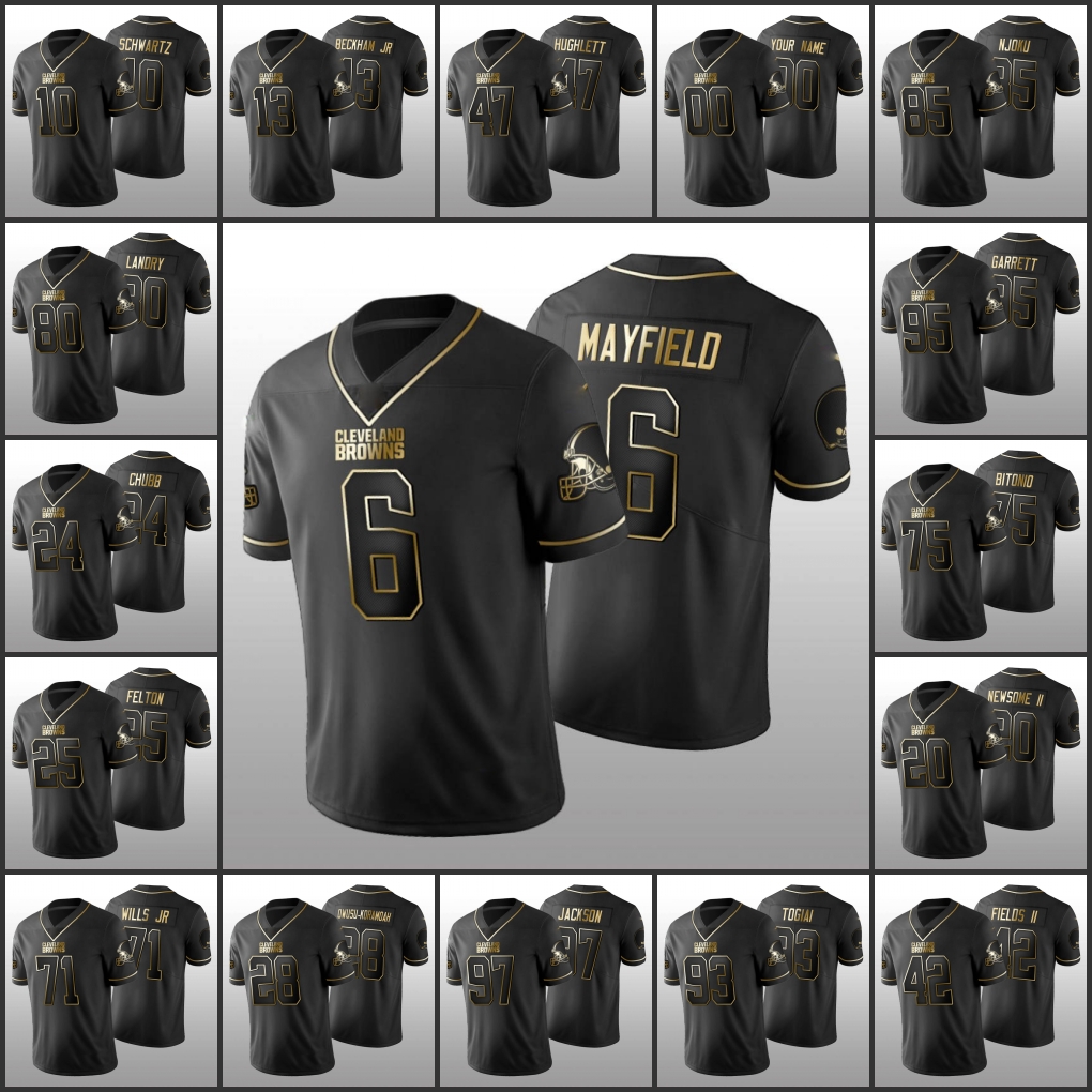 

Cleveland''Browns''Men #28 Jeremiah Owusu-Koramoah 21 Denzel Ward 6 Baker Mayfield 13 Odell Beckham Jr Women Youth Custom Black Golden Edition Jersey