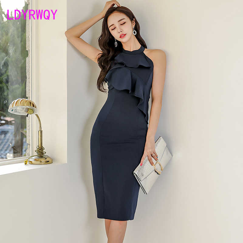 

Summer Korean ladies hanging neck ruffled slim body hip dress Sleeveless Sheath Office Lady Knee-Length 210603, Black