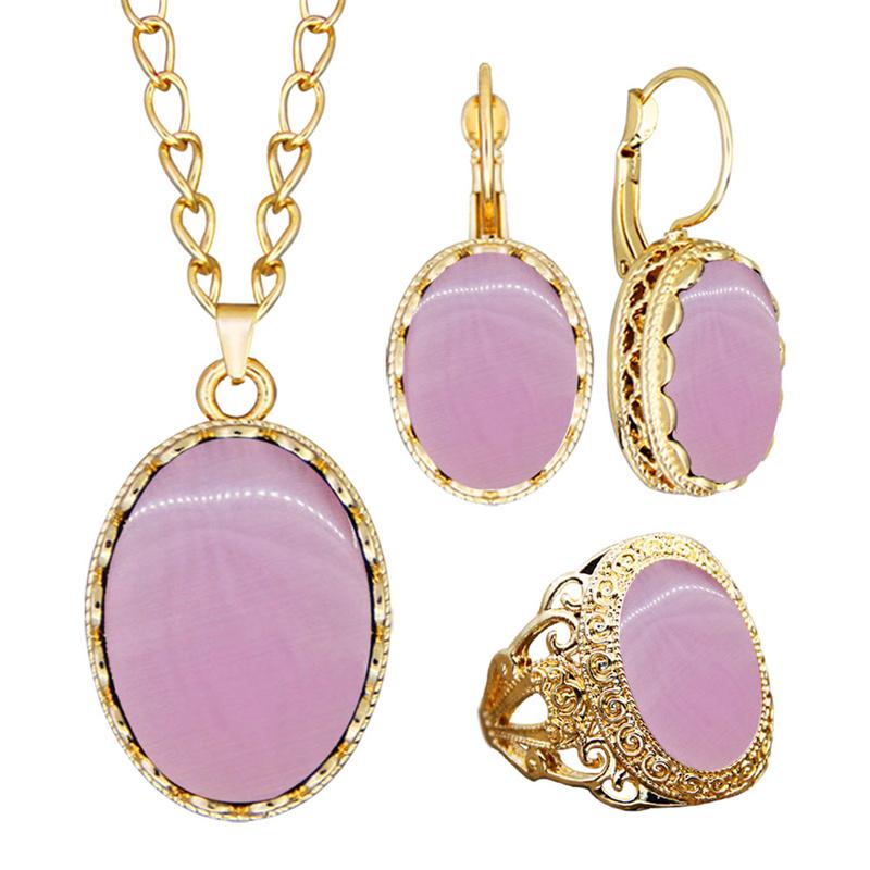 

Earrings & Necklace Oval Pink Green Cat Eye Stone Earring Ring Sets For Women Fashion Gold Color Jewelry Set, Silver