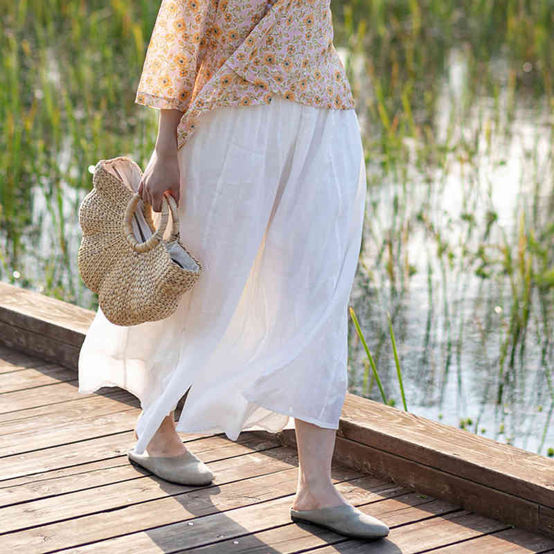 

Johnature Women Ramie Wide Leg Pants White Casual Elastic Waist Trouser Spring Loose High Quality Female Calf-length Pants 210521