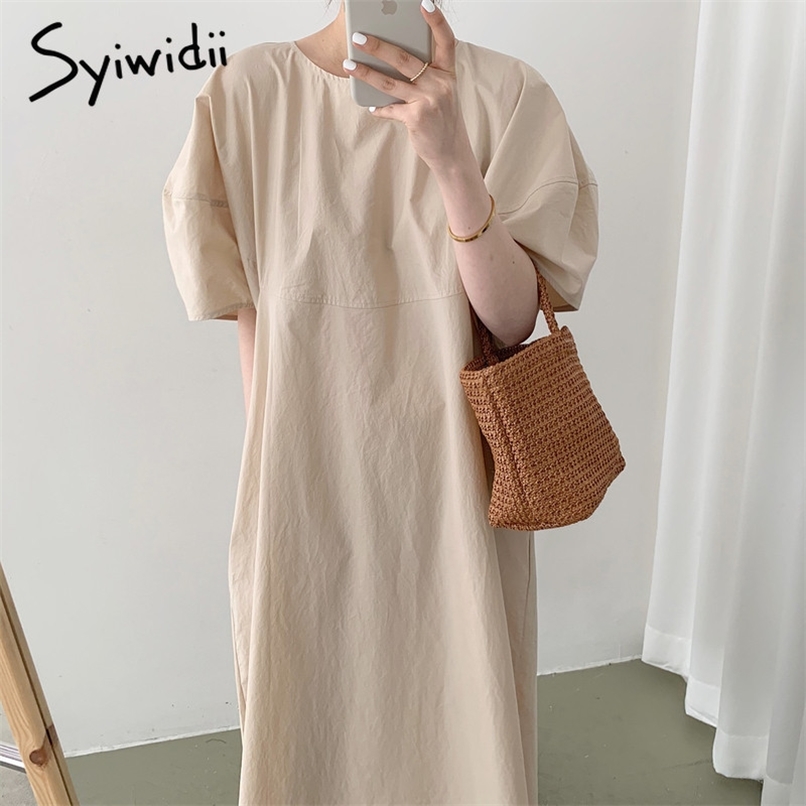 

Oversized Blouse Dresses for Women Loose Puff Sleeve Vintage Summer Korean Cotton Midi T Shirt Long Dress Black 210607