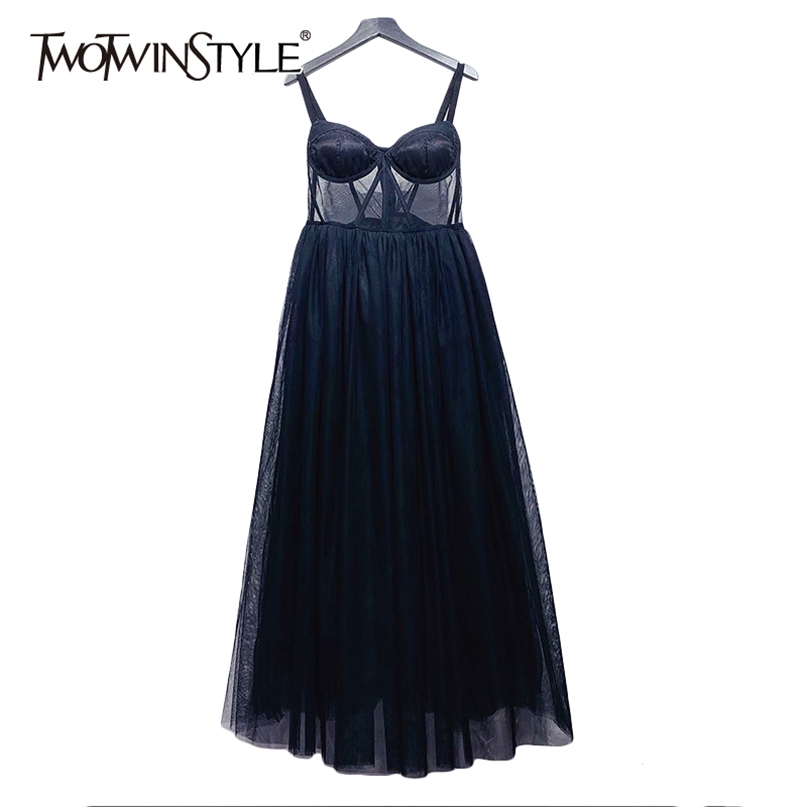 

Sexy Patchwork Mesh Perspective Dress For Women Square Collar High Waist Maxi Dresses Female Summer 210520, Pink