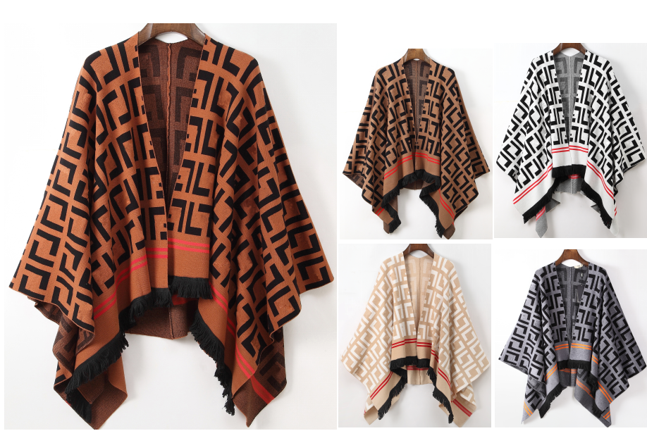 

Women S Cape Classical Womans Cloak With F logo Printed High Quallity Autumn Spring Winter Cardigan  Design Knitting Top Fringe Decoration, Silical gel