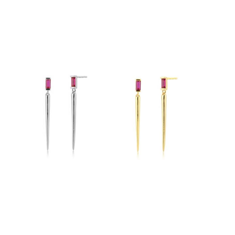 

Hoop & Huggie Rosered Crystal Zircon Slim Long Spike Piercing Drop Earring Pendiente Rock Punk Fashion European Wedding Jewelry Pendientes