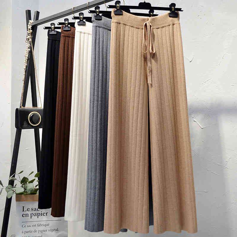

pant Korean Wool Blend Knitted Wide-legged Ankle Pants Female Draw Strings Autumn Drop Casual Rib Knit Long Trousers, Khaki