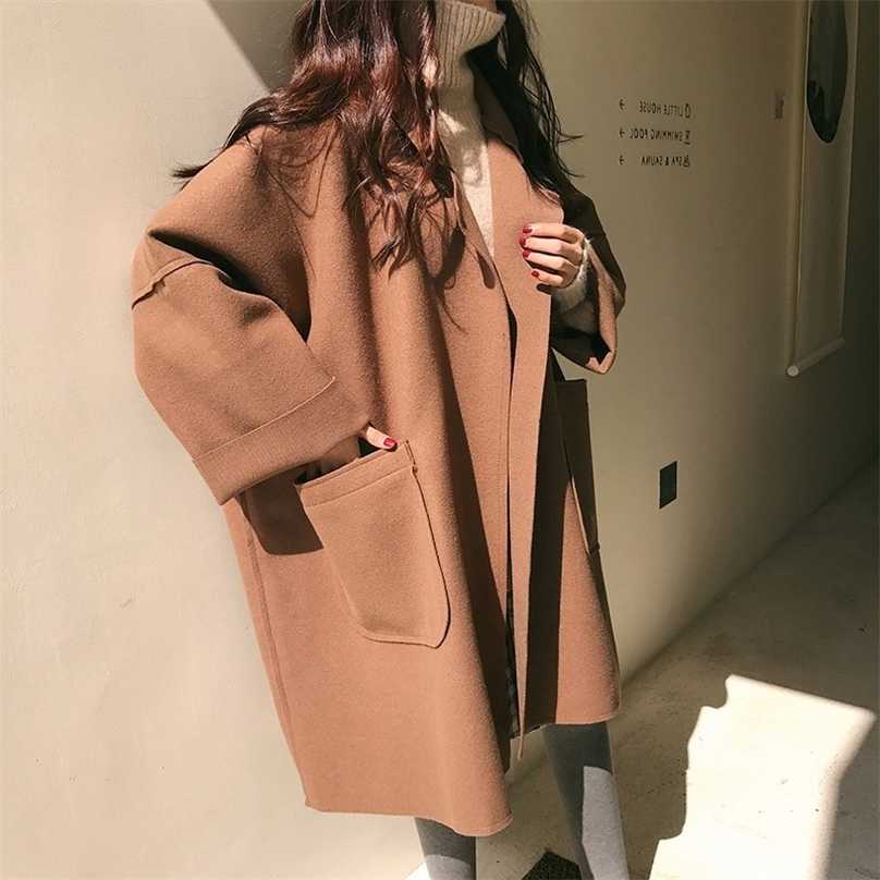 

Women's Autumn Winter Long Faux Wool Coat Outerwear Ladies Korean Oversize Female Loose Overcoat Clothes Windbreaker Jacket 211019, Black