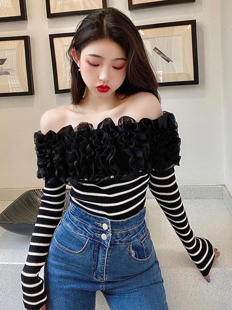 

Women's Sweaters Jumpers Wild Pull Slim 3D Flower Slash Neck Off The Shoulder Long Sleeve Striped Sweater Women Pullovers Sexy Knit Shirts T, White;black