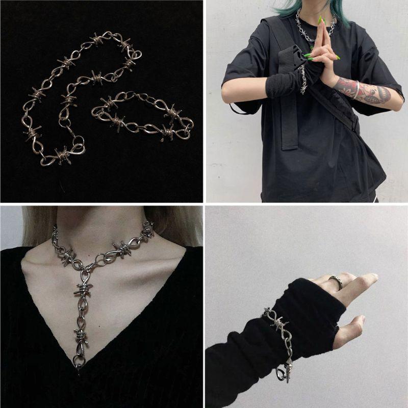 

Earrings & Necklace 3Pcs Vintage Punk Gothic Barbed Wire Brambles Chokers Bracelet Jewelry Set Men Women Jewerly, Silver