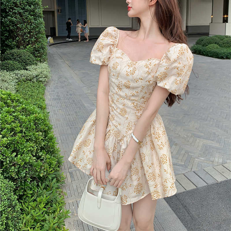

Sexy Mini Kawaii Party Dres Patchwork Square Collar French Sweet Floral Casual Slim High Waist Vintage Summer 210604, Floral dress