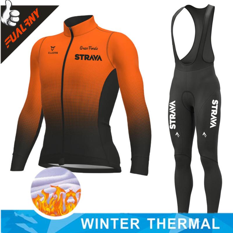 

Racing Sets 2022 STRAVA Winter Fleeced Thermal Cycling Jersey Set Sportswear Maillot Ropa Ciclismo Bicycle Clothing, Black;blue